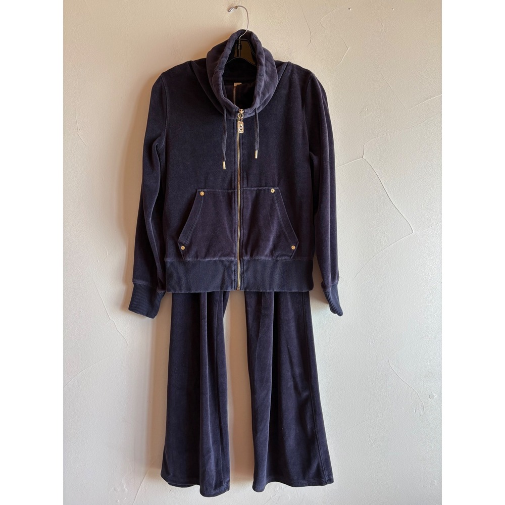 Michael Kors Navy Blue Velour Tracksuit Set Jacket S Pants XS Gold Hardware